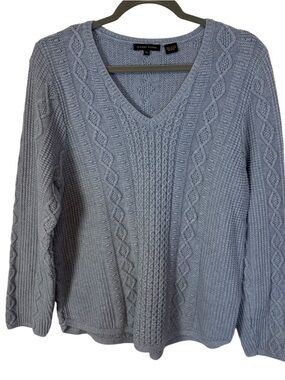 JEANNE PIERRE Sky Blue Cable Knit V-Neck Sweater 100% cotton Size XL
